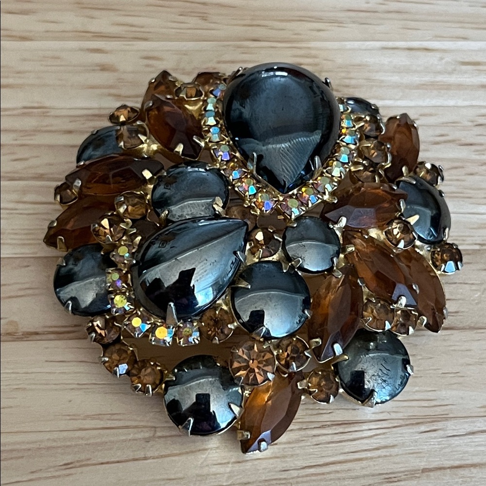 Vintage D & E Juliana brooch amber navettes, AB stones, faux hematite cabochons